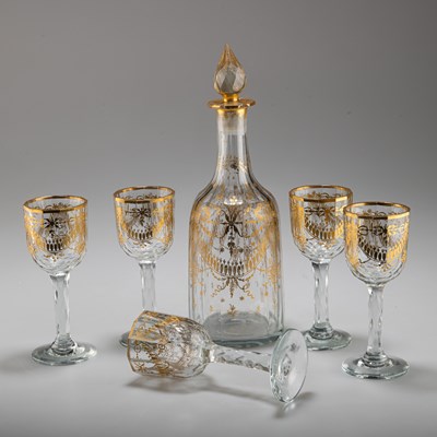 Lot 30 - A LATE GEORGE III GILDED GLASS DECANTER AND FIVE GLASSES