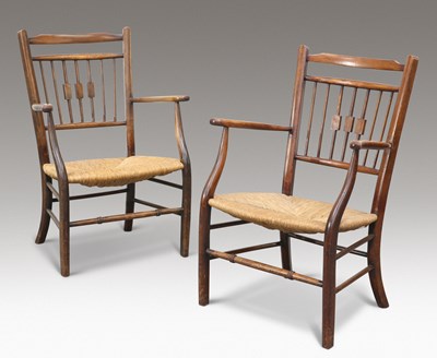 Lot 459 - A PAIR OF BEECH AND RUSH-SEATED OPEN ARMCHAIRS, CIRCA 1900