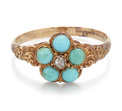 Lot 1622 - A VICTORIAN TURQUOISE AND DIAMOND CLUSTER RING