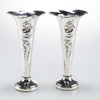 Lot 1205 - A PAIR OF ART NOUVEAU SILVER VASES