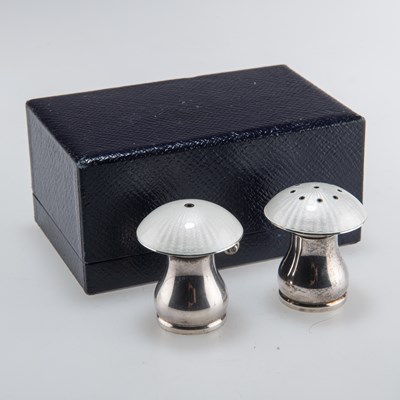 Lot 1044 - A PAIR OF DANISH STERLING SILVER AND ENAMEL MUSHROOM-FORM SALT AND PEPPER POTS