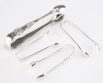 Lot 1390 - FOUR PAIRS OF SILVER SUGAR TONGS, WILLIAM IV AND LATER