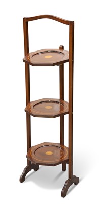 Lot 571 - AN EDWARDIAN INLAID MAHOGANY FOLDING CAKESTAND