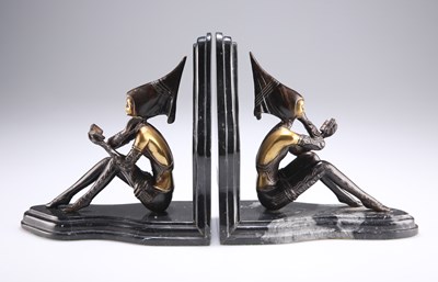 Lot 312 - AFTER LORENZL, A PAIR OF ART DECO STYLE BRONZE AND MARBLE BOOKENDS