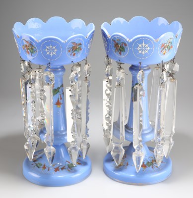 Lot 36 - A PAIR OF VICTORIAN BLUE GLASS TABLE LUSTRES