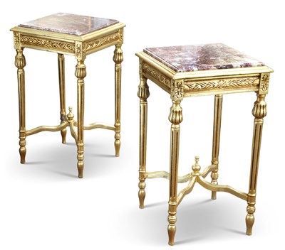 Lot 407 - A PAIR OF MARBLE-TOPPED GILT SIDE TABLES