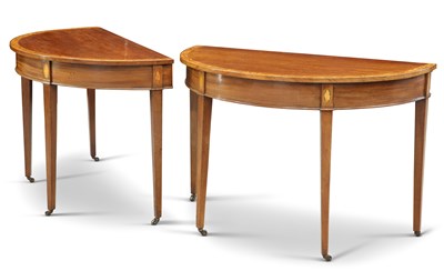 Lot 412 - A PAIR OF INLAID MAHOGANY DEMILUNE TABLES, GEORGE III AND LATER