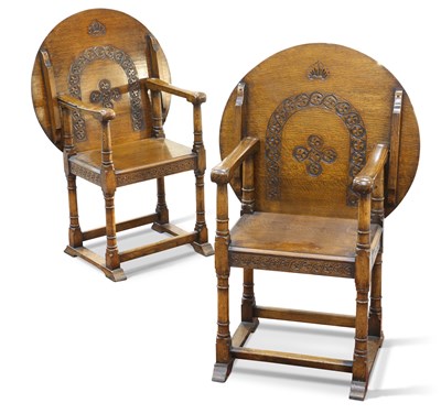 Lot 408 - A PAIR OF EARLY 20TH CENTURY OAK MONK'S CHAIRS