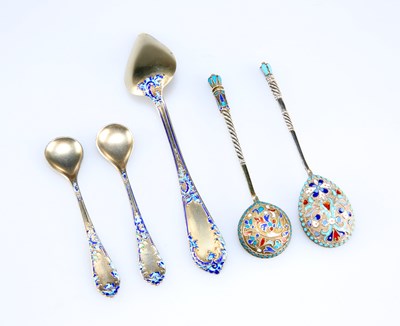 Lot 1228 - TWO LATE 19TH CENTURY RUSSIAN SILVER ENAMEL SPOONS AND THREE DANISH SILVER ENAMEL SPOONS