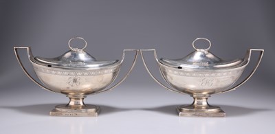 Lot 1286 - A PAIR OF GEORGE III SILVER SAUCE TUREENS AND COVERS