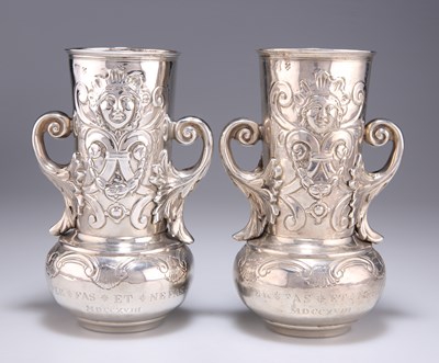 Lot 1215 - A PAIR OF 19TH CENTURY TWIN-HANDLED VASES