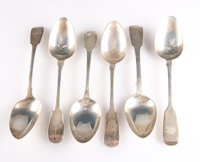 Lot 1087 - SIX FIDDLE PATTERN SILVER TABLE SPOONS, GEORGE III AND LATER