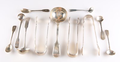 Lot 1254 - A MIXED GROUP OF SILVER LADLES, CONDIMENT SPOONS AND SUGAR TONGS, GEORGE III AND LATER