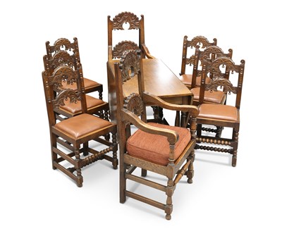 Lot 642 - EIGHT OAK DINING CHAIRS AND AN OAK GATELEG DINING TABLE