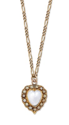 Lot 2298 - A LATE 19TH CENTURY MOONSTONE AND SEED PEARL PENDANT ON A 9 CARAT GOLD CHAIN