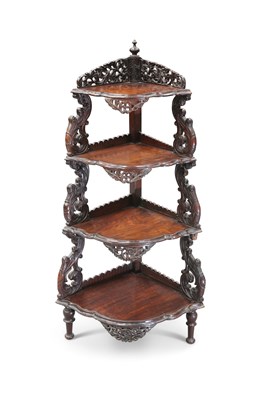 Lot 601 - AN ANGLO-INDIAN HARDWOOD CORNER WHATNOT, 19TH CENTURY