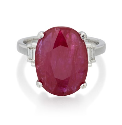 Lot 2254 - AN 18 CARAT WHITE GOLD RUBY AND DIAMOND RING