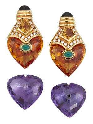 Lot 2478 - IN THE MANNER OF MARINA B - A PAIR OF ADAPTABLE GEMSTONE AND DIAMOND EARRINGS