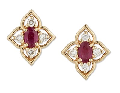 Lot 2331 - A PAIR OF 9 CARAT GOLD RUBY AND DIAMOND CLUSTER EARRINGS