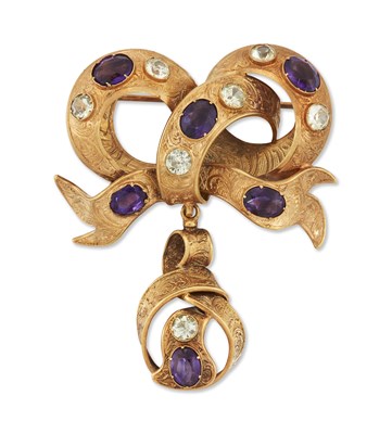 Lot 2310 - A MID-19TH CENTURY AMETHYST AND CHRYSOBERYL BROOCH