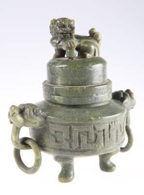 Lot 3128 - A CHINESE SPINACH JADE CENSER AND COVER