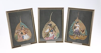 Lot 3099 - A SET OF THREE CHINESE PEEPAL LEAF PAINTINGS