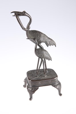 Lot 3152 - A JAPANESE BRONZE CRANE GROUP, MEIJI PERIOD