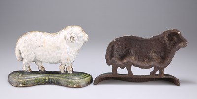 Lot 303 - A PAIR OF VICTORIAN PAINTED CAST IRON SHEEP DOOR STOPS