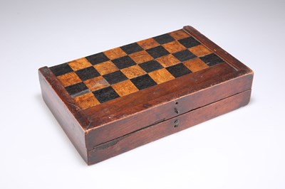 Lot 751 - A 19TH CENTURY MAHOGANY, BOXWOOD AND EBONY FOLDING GAMES BOARD