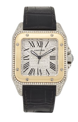 Lot 2357 - A BI-METAL CARTIER SANTOS 100 STRAP WATCH