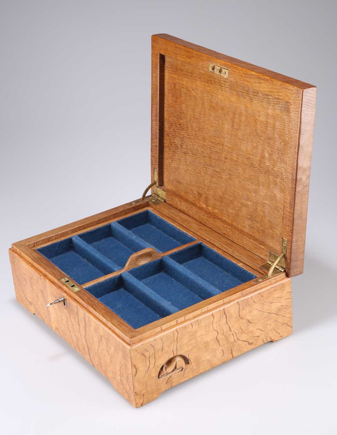 Lot 785 - ROBERT THOMPSON OF KILBURN, A LARGE MOUSEMAN OAK JEWELLERY BOX