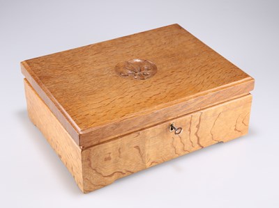 Lot 785 - ROBERT THOMPSON OF KILBURN, A LARGE MOUSEMAN OAK JEWELLERY BOX