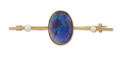 Lot 2048 - A BLACK OPAL AND SEED PEARL BAR BROOCH