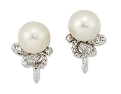 Lot 2116 - A PAIR OF CULTURED PEARL AND DIAMOND EARRINGS