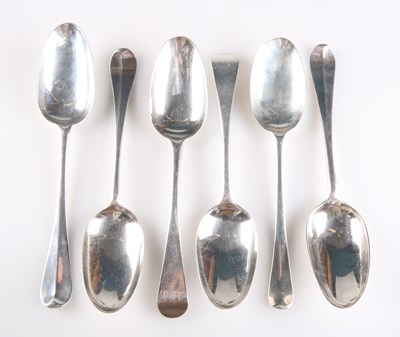 Lot 1398 - SIX GEORGIAN SILVER TABLESPOONS