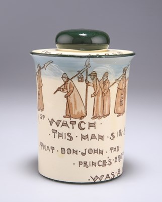 Lot 131 - ROYAL DOULTON, A DOGBERRY'S WATCH HUMIDOR TOBACCO JAR, DECORATED BY NOKE