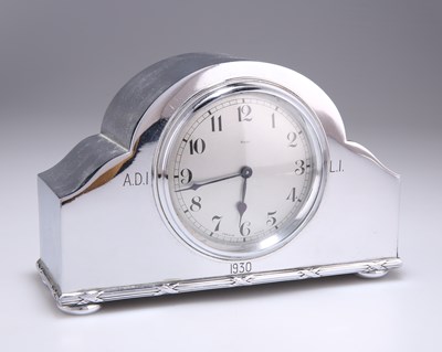 Lot 1396 - AN ART DECO FRENCH SILVER-PLATED MANTEL CLOCK, CIRCA 1930