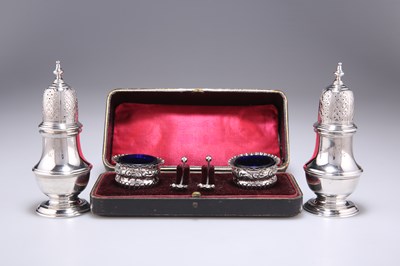 Lot 1439 - A PAIR OF LATE VICTORIAN SILVER SALTS, AND A PAIR OF LATE 19TH CENTURY AMERICAN SILVER CASTERS