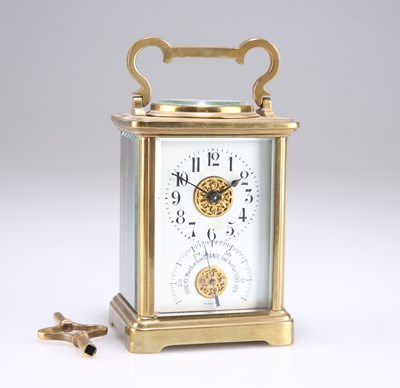 Lot 521 - A BRASS-CASED CARRIAGE CLOCK WITH AN INTEGRAL WEATHER STATION, CIRCA 1900