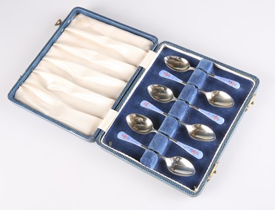 Lot 259 - A SET OF SIX GEORGE V SILVER AND ENAMEL COFFEE SPOONS