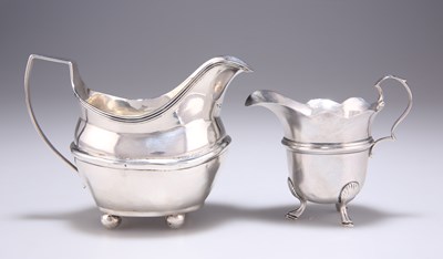 Lot 1018 - A GEORGE III SILVER CREAM JUG, AND AN EDWARDIAN SILVER CREAM JUG