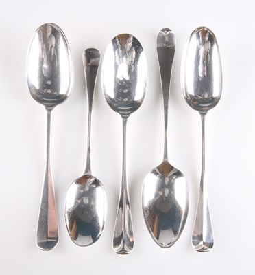 Lot 1321 - FIVE GEORGIAN SILVER HANOVERIAN PATTERN TABLESPOONS