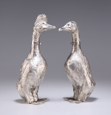 Lot 1096 - A LARGE PAIR OF CONTINENTAL SILVER WHIMSICAL MODELS OF DUCKS