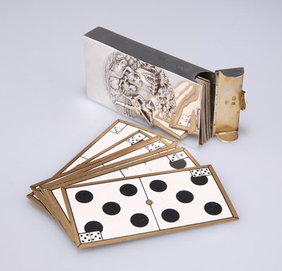 Lot 1178 - AN EDWARDIAN SILVER-CASED SET OF CARD DOMINOES