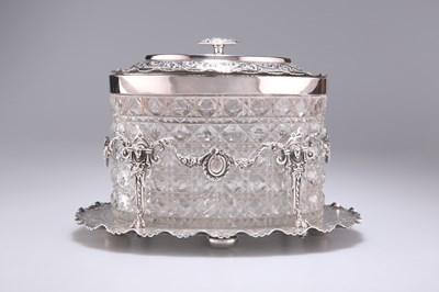 Lot 1346 - A GOOD VICTORIAN SILVER-PLATED AND CUT-GLASS BISCUIT BOX