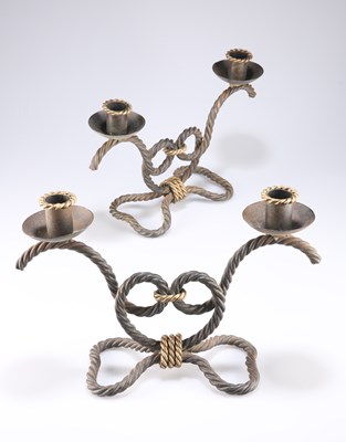 Lot 715 - A PAIR OF IRON 'ROPEWORK' TWO-LIGHT CANDELABRA