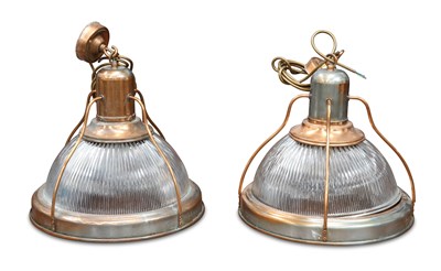 Lot 546 - A PAIR OF COPPER-MOUNTED HOLOPHANE CEILING LIGHTS