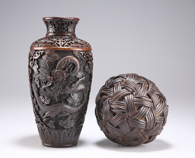 Lot 276 - A CHINESE BROCADE BALL, AND A CHINESE FAUX LACQUER VASE