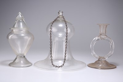 Lot 22 - A 19TH CENTURY GLASS SMOKE BELL, A GLASS WRYTHEN CANDLESTICK AND A DRUG JAR