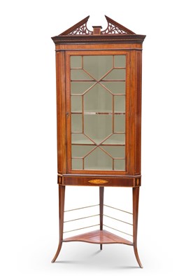 Lot 584 - A SHERATON REVIVAL INLAID MAHOGANY CORNER CABINET ON STAND, 19TH CENTURY